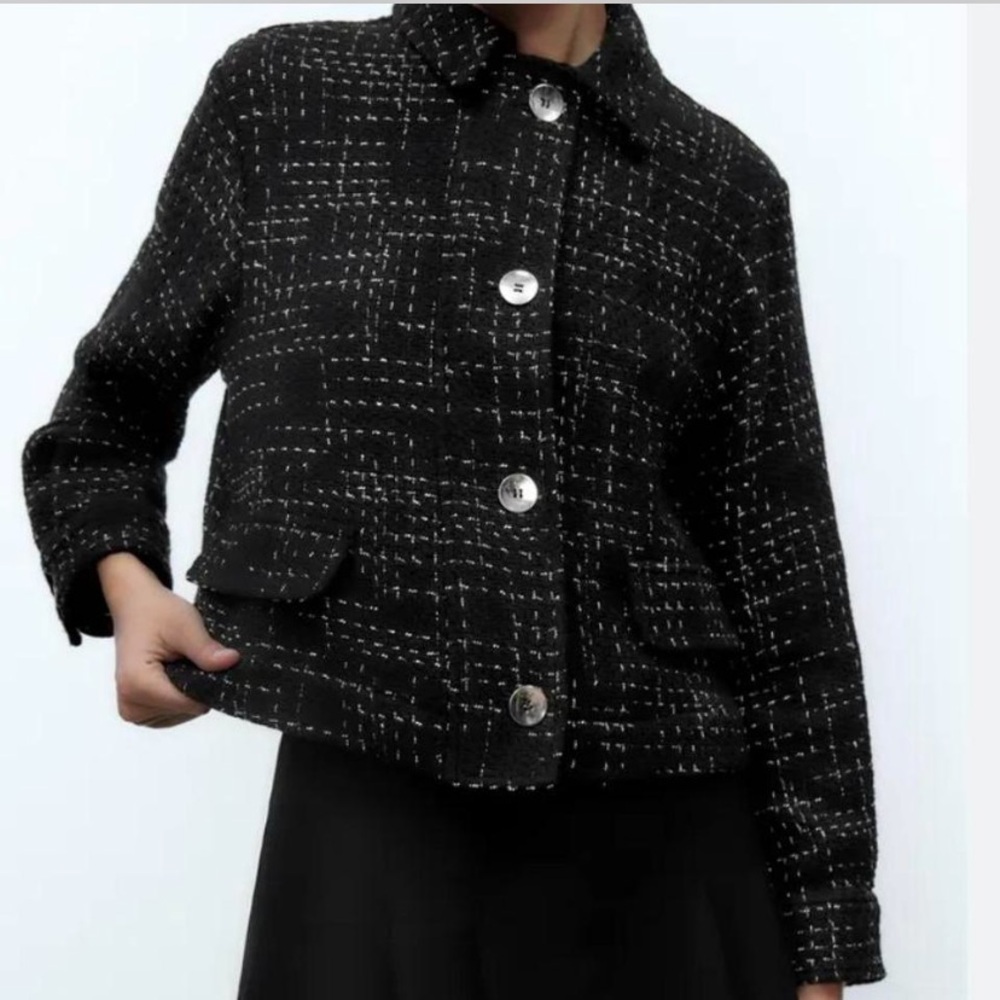 Zara Black Tweed Boxy Jacket with White Stitching